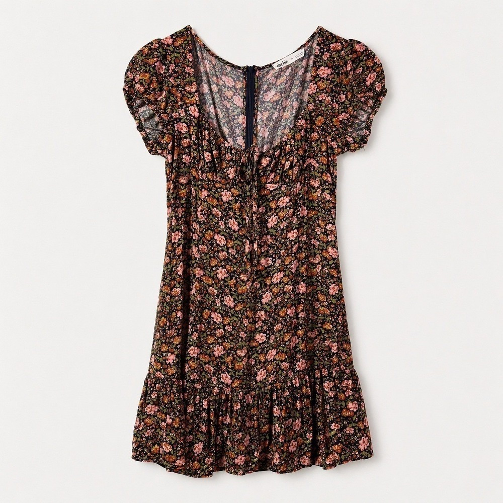 Elodie Floral Mini Dress Size L Tie Front Puff Sleeve Boho Vintage